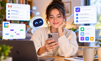 A woman sitting at a desk and using Poke AI to handle her emails, calendar, and other daily tasks from her phone.