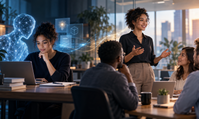 A professional moves from AI-assisted study to presenting confidently with colleagues.