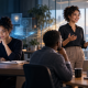A professional moves from AI-assisted study to presenting confidently with colleagues.