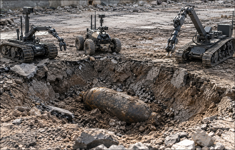 AI-generated image by GPT-Image-2: Three bomb disposal robots of different designs stand around a rubble-lined crater containing a large, partially buried unexploded bomb. The surrounding terrain consists of broken concrete, stones, dirt and damaged pavement, with ruined masonry visible in the background and scattered debris extending to the image edges.