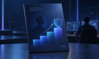 Cybersecurity workforce report illustrated with an ascending chart, analyst silhouette, and AI security shield