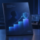 Cybersecurity workforce report illustrated with an ascending chart, analyst silhouette, and AI security shield