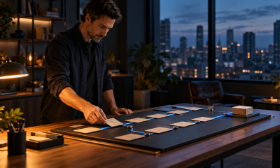 A business owner adjusts a card on a dark modular workboard with a blue illuminated route leading to an orderly completed stack.