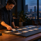 A business owner adjusts a card on a dark modular workboard with a blue illuminated route leading to an orderly completed stack.