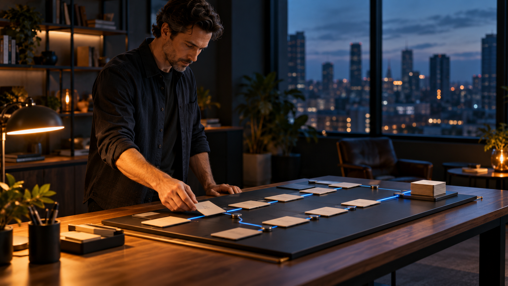 A business owner adjusts a card on a dark modular workboard with a blue illuminated route leading to an orderly completed stack.