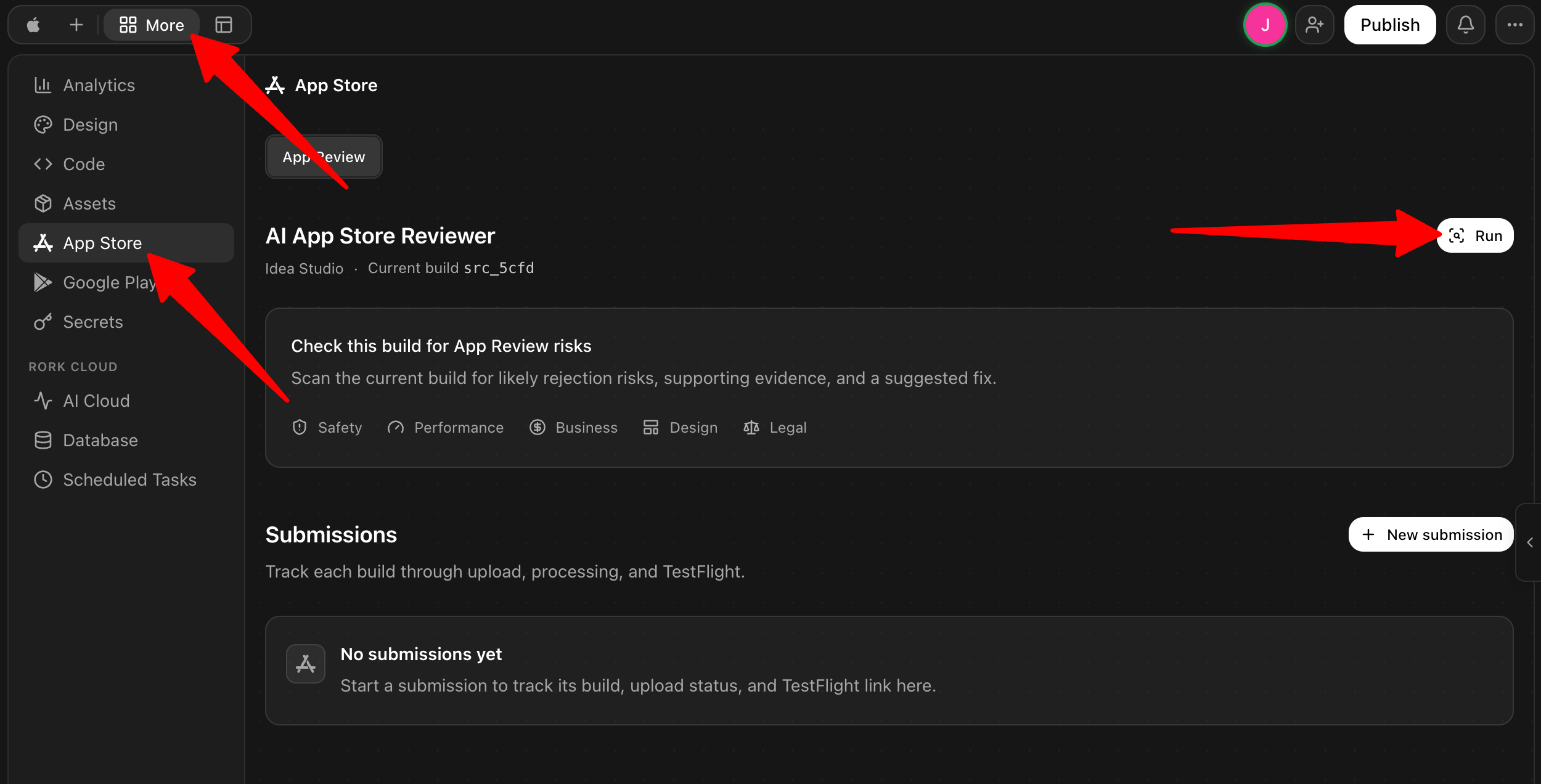 Running the AI App Store Reviewer check in Rork AI.