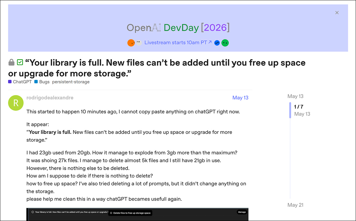 Time to cough up – hitting limits on OpenAI's ChatGPT product. Source - https://community.openai.com/t/your-library-is-full-new-files-cant-be-added-until-you-free-up-space-or-upgrade-for-more-storage/1380882