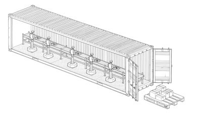 120ft concept illustration showing humanoid robots at workstations inside a shipping-container assembly line, with packed boxes on a pallet outside.