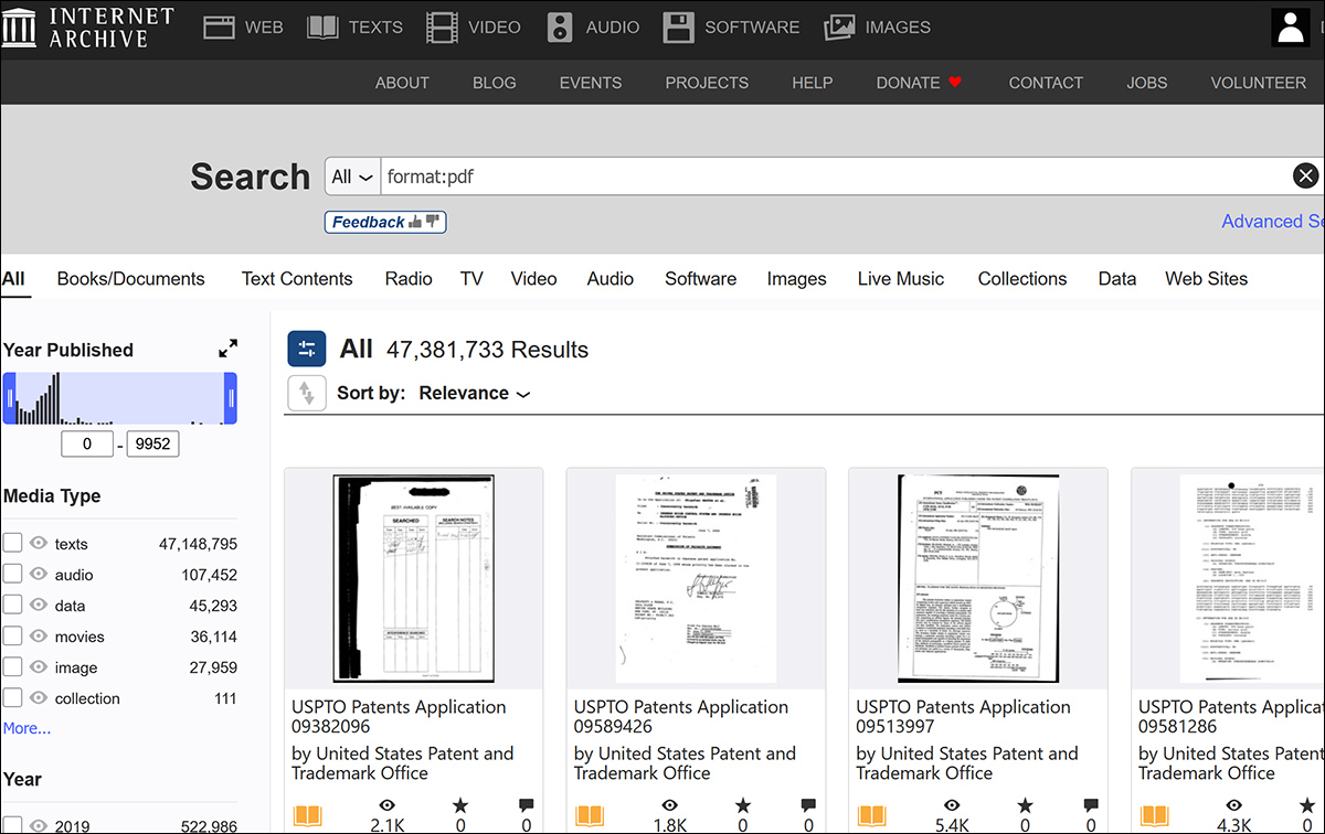 A staggering collection of PDF material, largely volunteer-donated, is stored at the Internet Archive. Source - https://archive.org/search?query=format%3Apdf