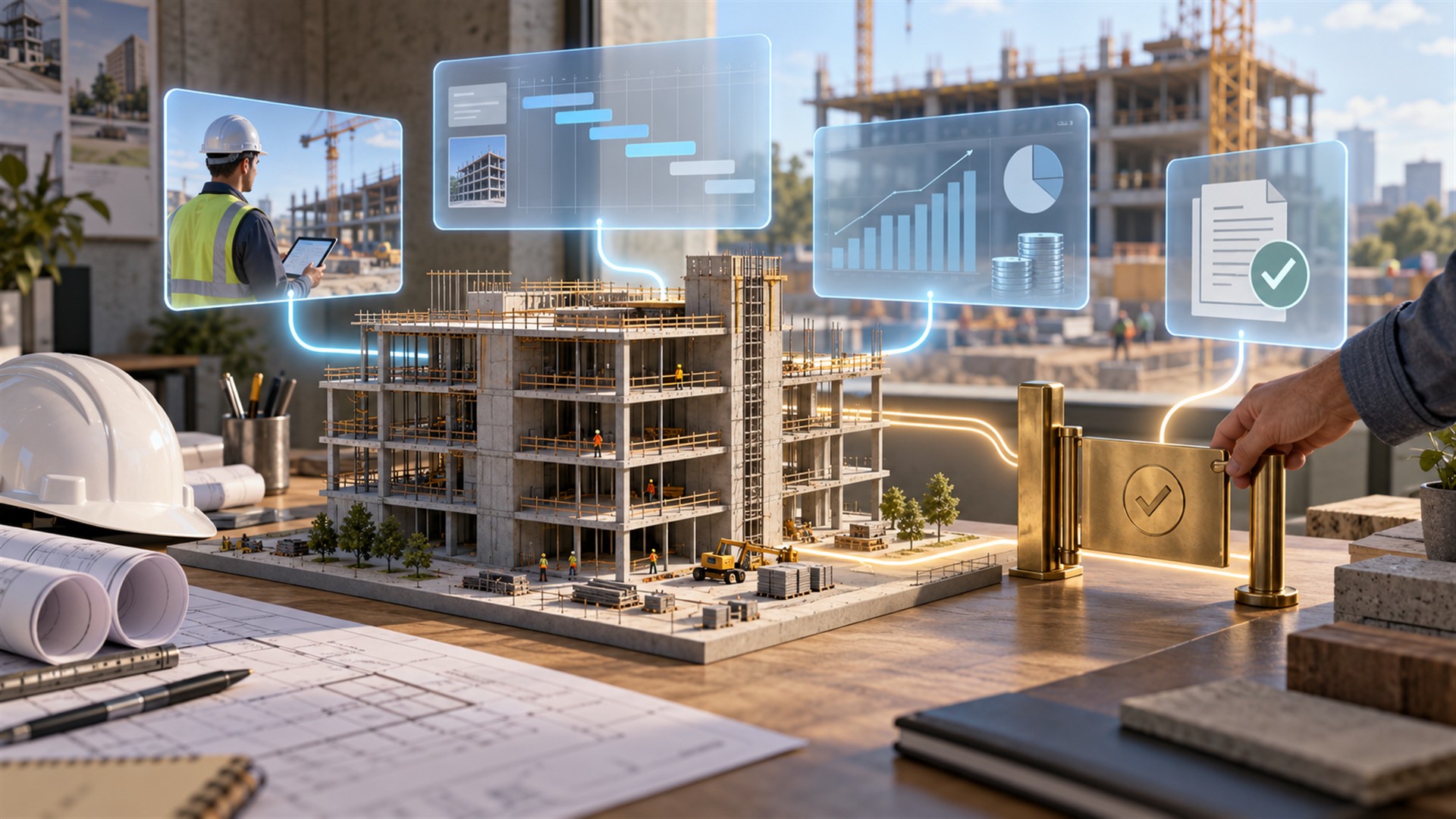 AI-generated conceptual illustration of construction project data, scheduling, financial analysis, and human approval.