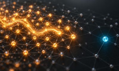 Amber signals spreading through connected AI nodes beside a distinct cyan node