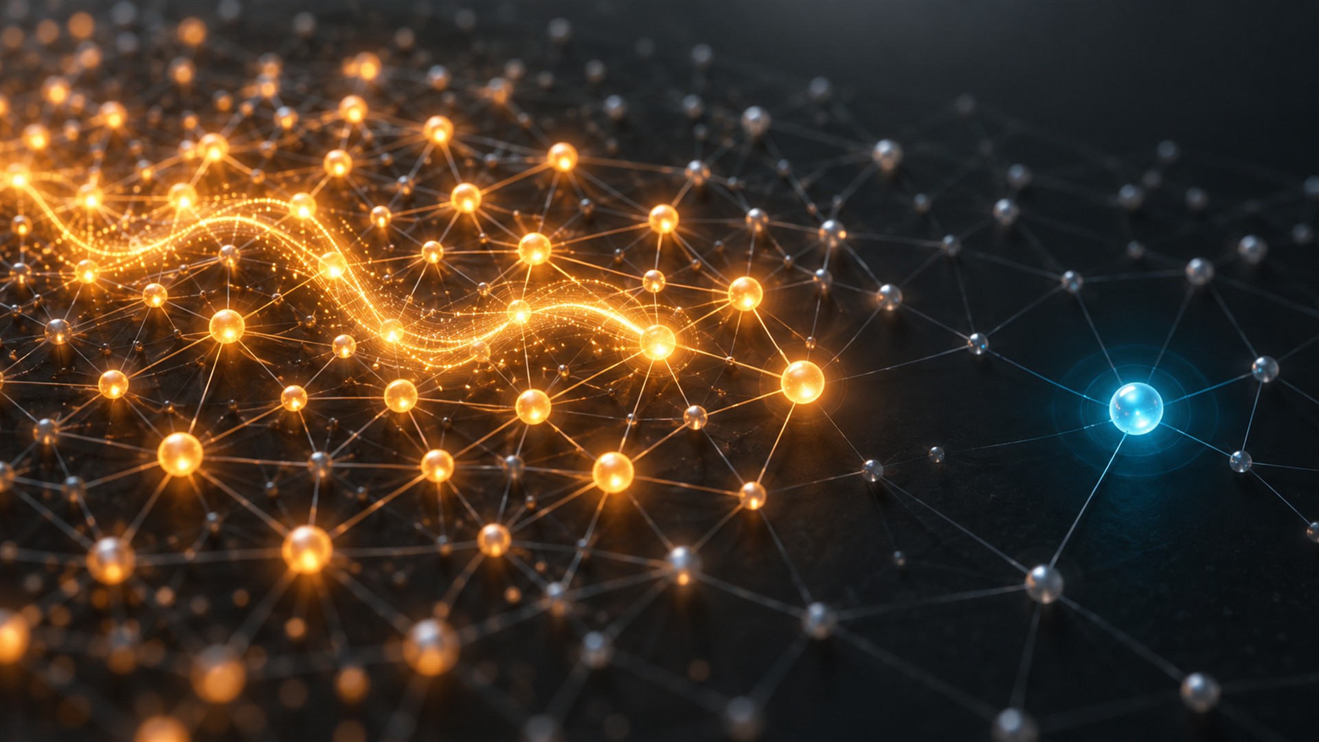 Amber signals spreading through connected AI nodes beside a distinct cyan node