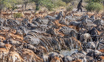AI-generated image by GPT Image 2 depicting zebras drinking at a crowded African watering hole, and Bigfoot passing obliviously in the distance.