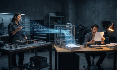 An engineer explains her work at a workshop bench while threads of blue light carry her words into a glass machine that stacks pages, which an editor reviews under a warm desk lamp.