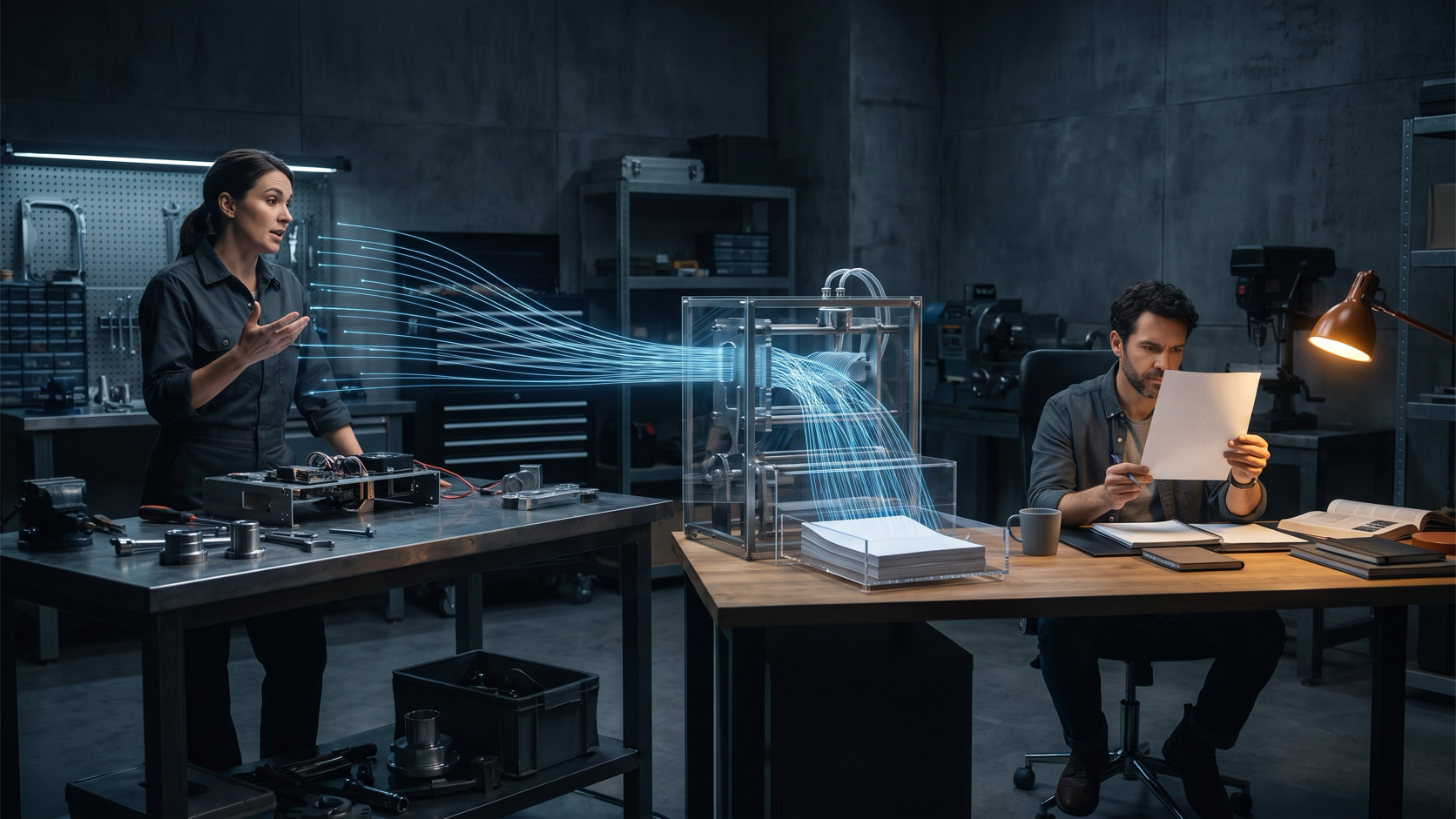 An engineer explains her work at a workshop bench while threads of blue light carry her words into a glass machine that stacks pages, which an editor reviews under a warm desk lamp.