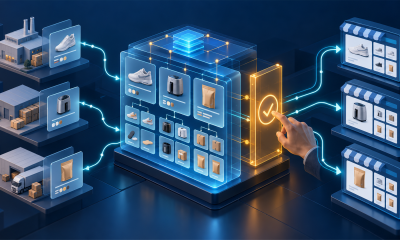 Product data flows from suppliers through a structured catalog and a human approval gate to storefronts.