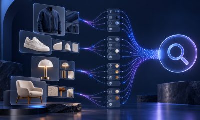 Conceptual illustration of retail product images becoming structured attributes for AI search