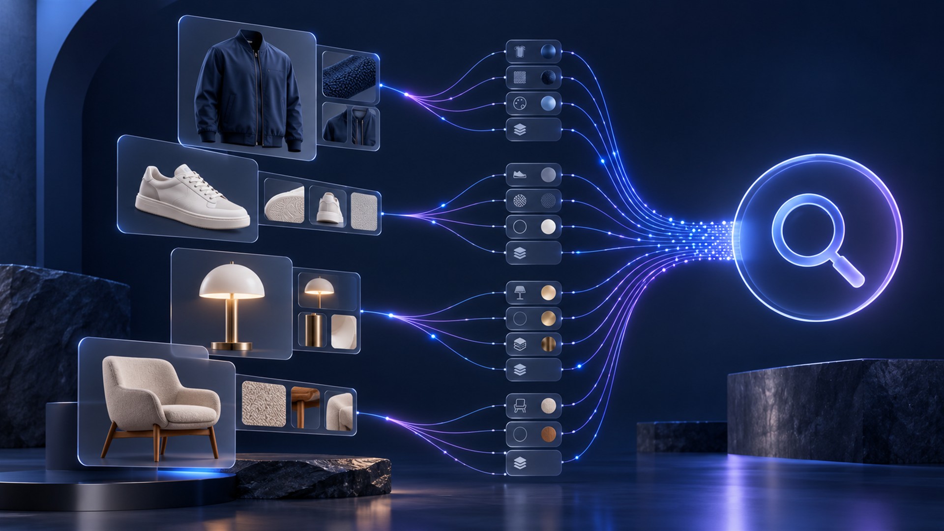 Conceptual illustration of retail product images becoming structured attributes for AI search