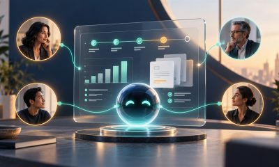Conceptual illustration of an AI sales agent coordinating shared deal plans and materials among business stakeholders.