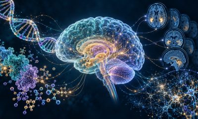 Conceptual brain connected to representations of DNA, molecules, and imaging data.