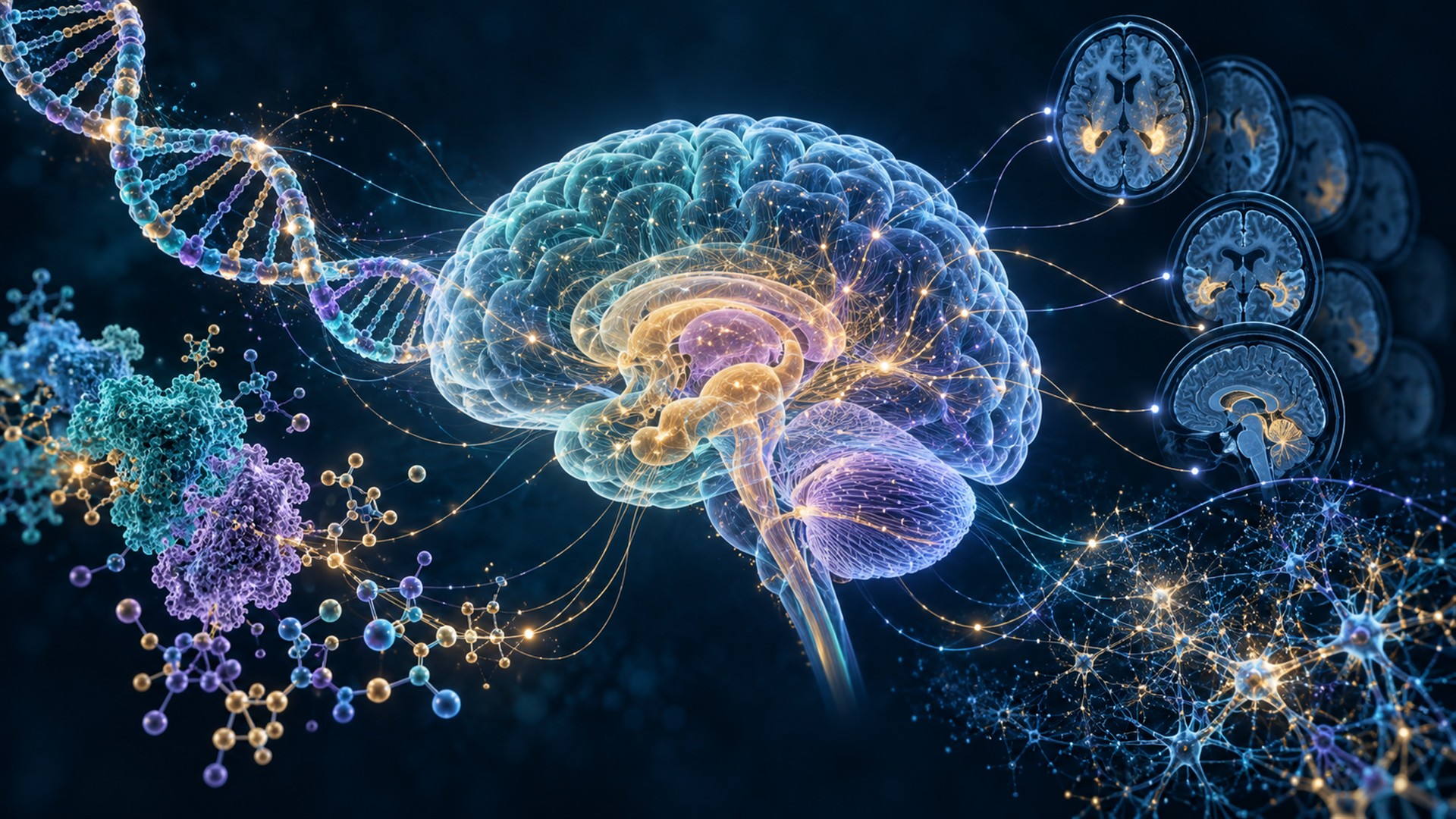 Conceptual brain connected to representations of DNA, molecules, and imaging data.