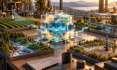 Conceptual illustration linking AI research with agriculture, forestry, facilities management, and energy operations.