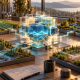 Conceptual illustration linking AI research with agriculture, forestry, facilities management, and energy operations.