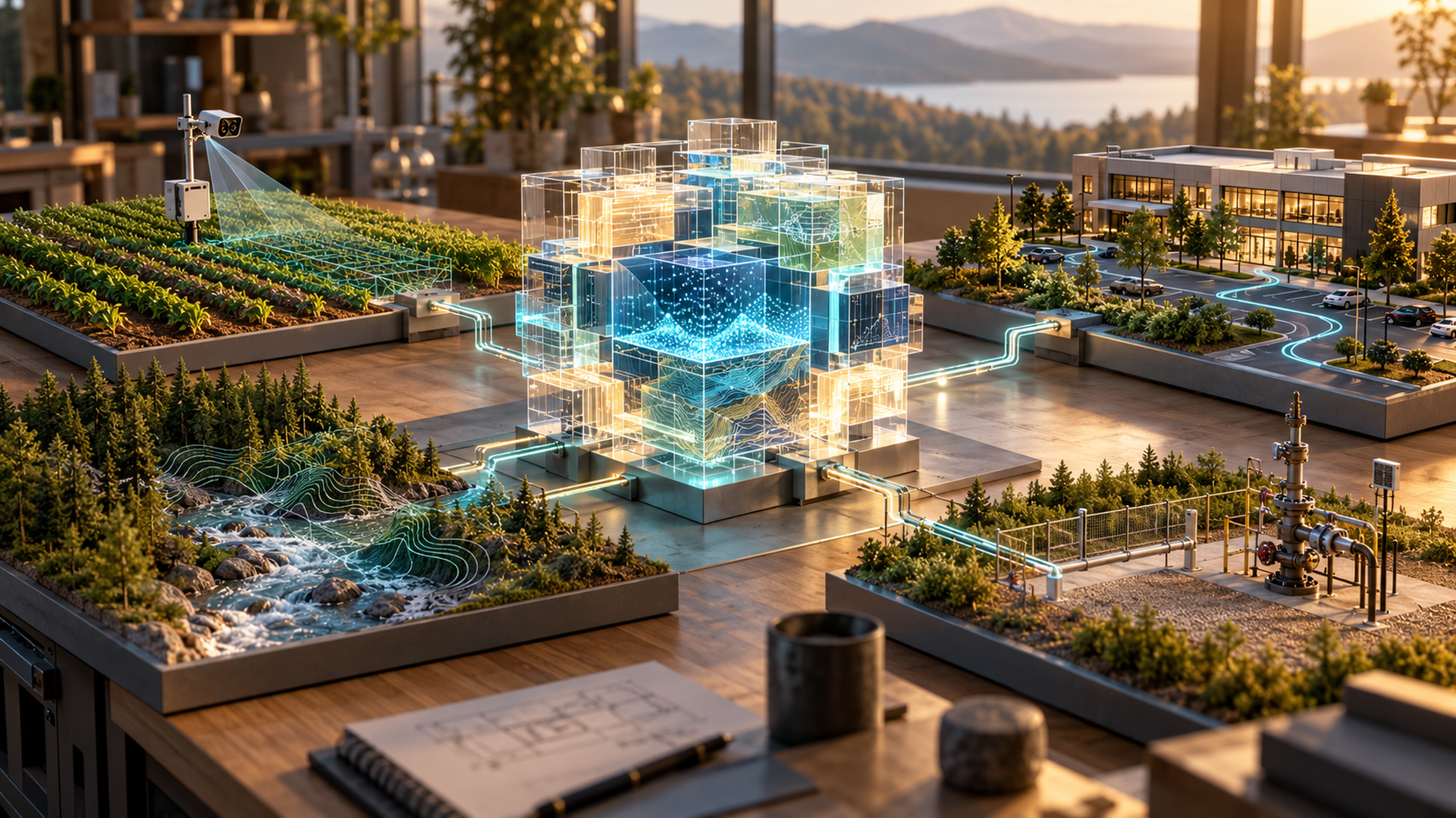 Conceptual illustration linking AI research with agriculture, forestry, facilities management, and energy operations.
