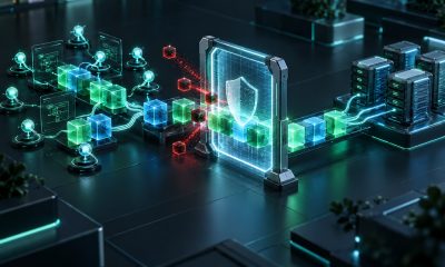Conceptual illustration of coordinated AI agents and software components passing through a security inspection gate