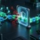 Conceptual illustration of coordinated AI agents and software components passing through a security inspection gate