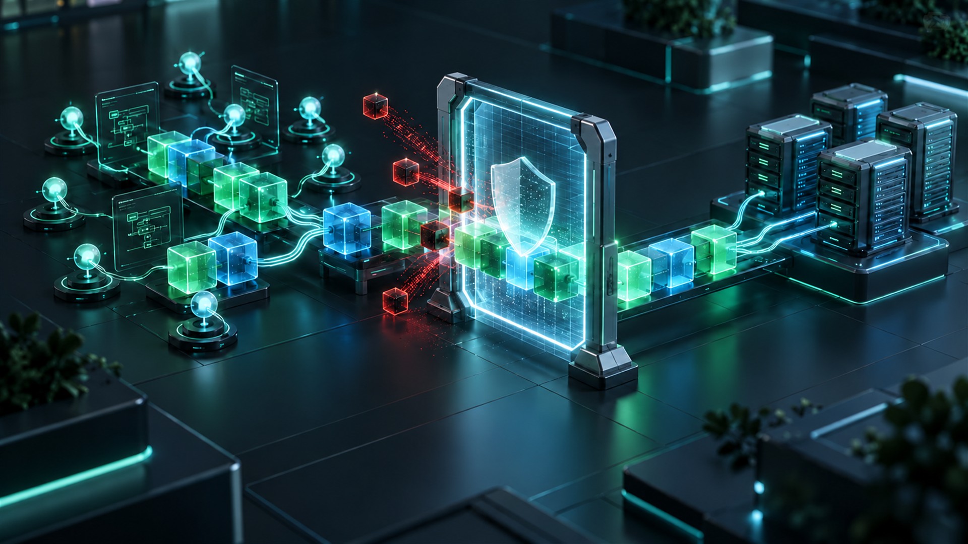 Conceptual illustration of coordinated AI agents and software components passing through a security inspection gate