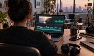 Creator desk with a laptop showing a video timeline and audio waveform