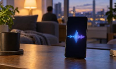 Smartphone on a table showing an abstract voice waveform