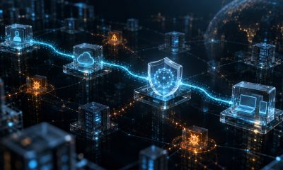 Conceptual AI cyber defense illustration connecting identity, cloud and endpoint evidence through a protective network.