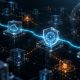 Conceptual AI cyber defense illustration connecting identity, cloud and endpoint evidence through a protective network.