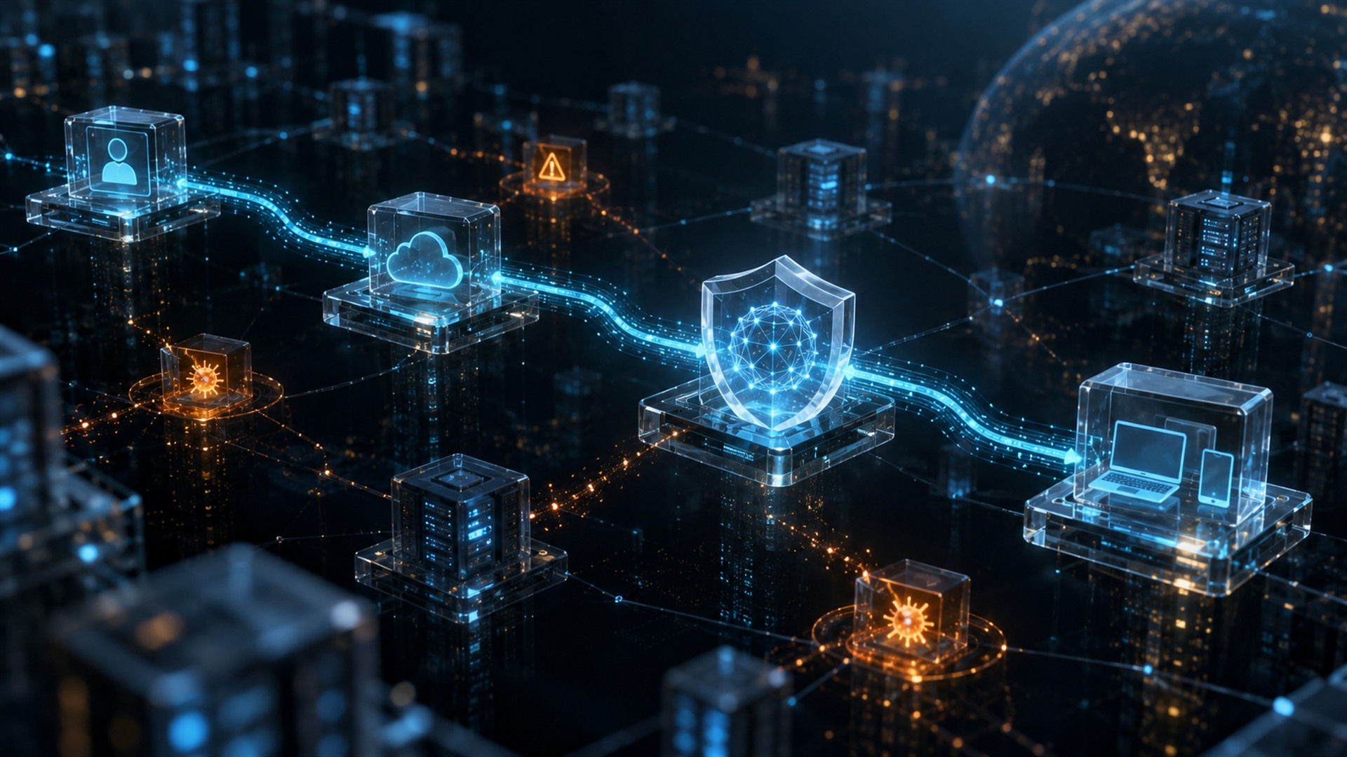 Conceptual AI cyber defense illustration connecting identity, cloud and endpoint evidence through a protective network.
