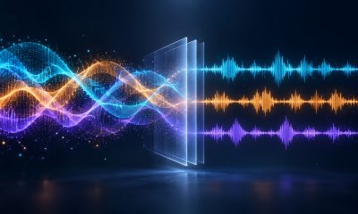 Conceptual illustration of overlapping sound waves separating into individual audio tracks for AI training.