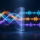Conceptual illustration of overlapping sound waves separating into individual audio tracks for AI training.