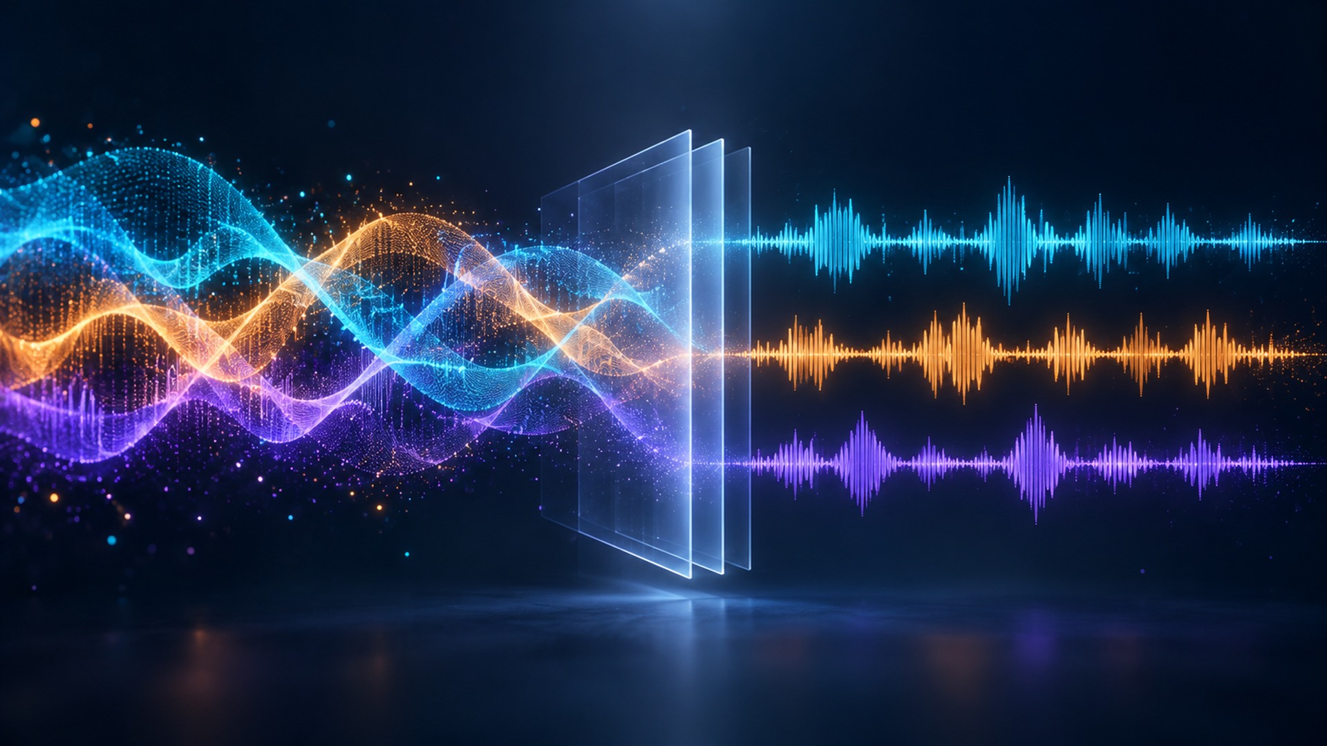 Conceptual illustration of overlapping sound waves separating into individual audio tracks for AI training.