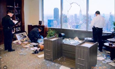 AI-generated image: three police officers examine a ransacked high-rise office. One takes notes beside a bookcase, another crouches among scattered papers and broken glass, and a third stands by a sofa. An overturned desk and fallen plants occupy the foreground. A large jagged hole punctures a window overlooking city skyscrapers. Image generated by ChatGPT Images 2.5 and tweaked in Photoshop 2023.