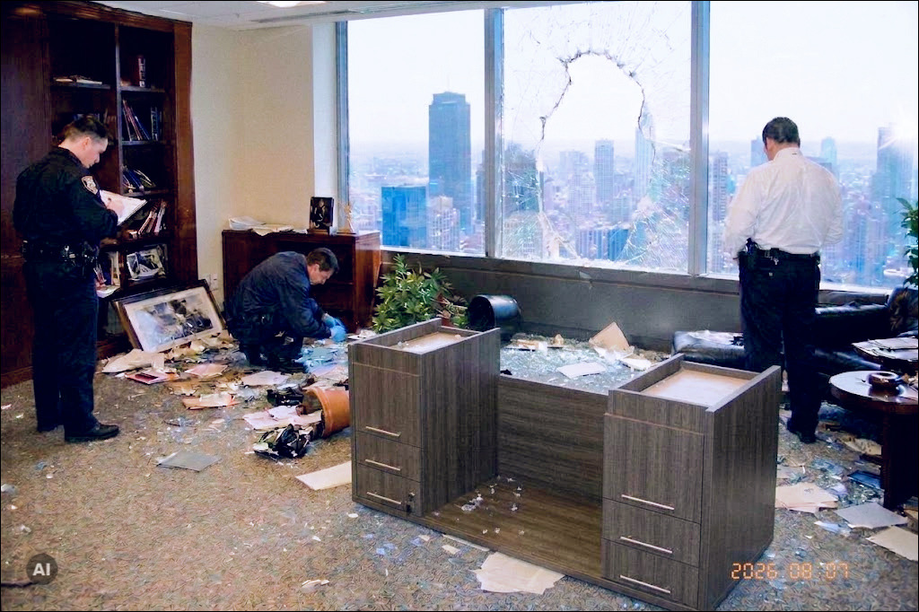 AI-generated image: three police officers examine a ransacked high-rise office. One takes notes beside a bookcase, another crouches among scattered papers and broken glass, and a third stands by a sofa. An overturned desk and fallen plants occupy the foreground. A large jagged hole punctures a window overlooking city skyscrapers. Image generated by ChatGPT Images 2.5 and tweaked in Photoshop 2023.