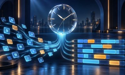 Glass clock above glowing activity blocks organized into timesheet rows, illustrating AI time tracking.