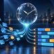 Glass clock above glowing activity blocks organized into timesheet rows, illustrating AI time tracking.
