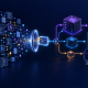 Conceptual illustration of code repository context being distilled and routed to different AI compute nodes.