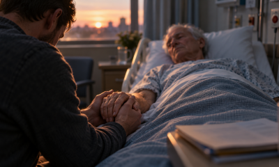 AI-generated illustration of an adult son holding his elderly father’s hand at a hospital bedside.