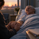 AI-generated illustration of an adult son holding his elderly father’s hand at a hospital bedside.