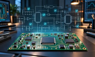 AI-generated conceptual illustration of a circuit board with schematic verification overlays