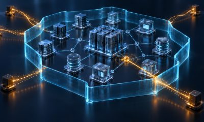 Conceptual illustration of autonomous security agents tracing attack paths through an enterprise network.