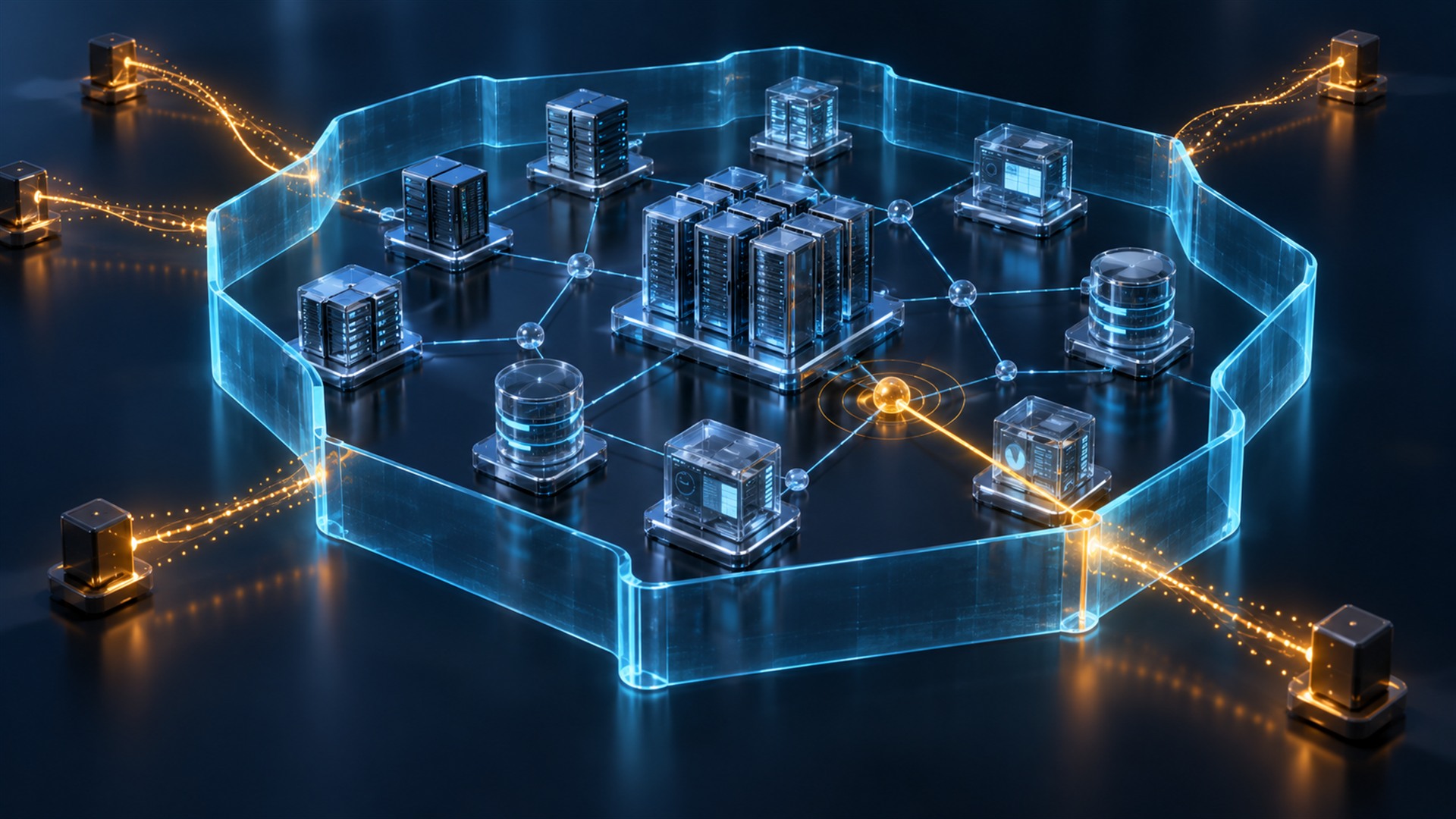 Conceptual illustration of autonomous security agents tracing attack paths through an enterprise network.