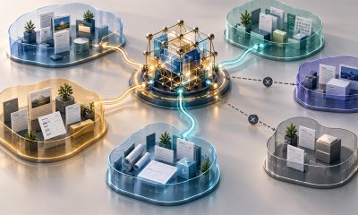 AI-generated conceptual illustration of organizational workspaces selectively connected to shared knowledge.